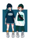  2girls aqua_hair aqua_socks bandaid bandaid_on_cheek bandaid_on_face bandaid_on_nose baseball_cap black_eyes blue_background blue_headwear blue_shirt blush border carhartt clenched_teeth commentary_request denim denim_shorts dickies drop_shadow fanny_pack fila full_body green_pants hat head_tilt highres jitome long_hair long_sleeves looking_at_viewer multiple_girls nao97122 nike orange_hair original outside_border pants parted_lips print_shirt shirt shoes short_hair short_sleeves shorts sidelocks sleeves_past_fingers sleeves_past_wrists sneakers socks standing straight-on t-shirt teeth white_border white_footwear yellow_socks 