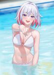  1girl absurdres bikini blue_eyes breasts commentary_request hair_ornament highres honkai:_star_rail honkai_(series) medium_breasts multicolored_hair navel open_mouth pointing pool red_hair short_hair solo stomach streaked_hair swimsuit teeth tongue topaz_(honkai:_star_rail) two-tone_hair upper_teeth_only water white_bikini white_hair yeming_(yeming0529) 