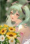  1girl absurdres aqua_necktie bare_arms bare_shoulders blurry blurry_background bouquet collared_shirt daisy doris_(1349745448) eyelashes flower green_eyes green_hair hair_between_eyes hair_over_shoulder hatsune_miku head_tilt highres holding holding_bouquet leaf lips long_hair necktie number_tattoo parted_lips shirt shoulder_tattoo sidelighting sidelocks sleeveless sleeveless_shirt solo sunflower tattoo teeth tsurime twintails upper_body upper_teeth_only very_long_hair vocaloid white_flower white_shirt yellow_flower 