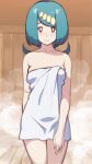  1girl blush breasts bright_pupils brown_eyes closed_mouth collarbone commentary_request ero_kaeru freckles green_hair hairband lana&#039;s_mother_(pokemon) long_hair looking_at_viewer mature_female naked_towel pokemon pokemon_(anime) pokemon_sm_(anime) ponytail raised_eyebrows sauna smile solo steam sweat towel white_pupils yellow_hairband 