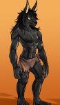  2023 5_fingers 5_toes abs anthro anubian_jackal athletic athletic_anthro athletic_male barefoot black_body black_fur black_hair black_nose bottomwear canid canine canis claws clothed clothing feet finger_claws fingers fur hair hi_res humanoid_feet humanoid_hands jabari_(megajeff1989) jackal loincloth long_hair male mammal muscular muscular_anthro muscular_male navel nipples pecs plantigrade solo tcrakman teeth toe_claws toes topless topless_anthro topless_male 