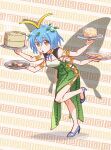 1girl adapted_costume arms_up bamboo_steamer bare_shoulders blue_bow blue_bowtie blue_footwear blue_hair bow bowtie breasts china_dress chinese_clothes dress eternity_larva extra_arms food fried_rice green_dress hair_between_eyes hair_ornament hands_up highres leaf leaf_hair_ornament leaf_on_head leg_up looking_at_viewer medium_breasts open_mouth protected_link shikido_(khf) shoes short_hair solo standing standing_on_one_leg touhou tray wings yellow_bow yellow_eyes 