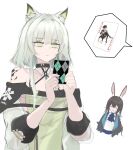  1other 2girls ambience_synesthesia animal_ear_fluff animal_ears arknights ascot bare_shoulders black_jacket blue_ascot brown_hair card cat_ears cat_girl closed_eyes closed_mouth criss-cross_halter detached_collar dress green_dress green_eyes grey_hair hair_between_eyes hair_intakes halterneck highres holding holding_card jacket joker_(card) long_hair mebe_(teadia_violet) medium_hair multiple_girls no_pupils off-shoulder_jacket off_shoulder oripathy_lesion_(arknights) parted_lips playing_card rabbit_ears rabbit_girl shirt simple_background smile spoken_object sweat upper_body w_(arknights) white_background white_shirt 