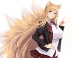  1girl absurdres animal_ears blazer blush breasts fox_ears fox_girl fox_shadow_puppet fox_tail grin highres jacket kitsune kumi_(senran_kagura) kyuubi large_breasts lemonrou long_hair long_sleeves looking_at_viewer multiple_tails orange_hair pleated_skirt red_eyes school_uniform senran_kagura senran_kagura_new_wave shirt simple_background skirt smile solo tail white_shirt 