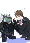  anthro brown_hair candy clothing crouching dessert dragon duo food hair human lifewonders live_a_hero lollipop male male_operator mammal necktie phein protagonist_(live_a_hero) short_stack simple_background size_difference suit white_background youmoxto 