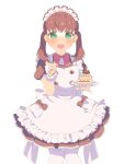  1girl :d absurdres anyadesu_yo apron black_dress bow bowtie brown_hair cake cake_slice commentary_request dress feet_out_of_frame food frilled_apron frills green_eyes highres holding holding_plate holding_spoon knees_together_feet_apart kobayashi-san_chi_no_maidragon maid_apron maid_headdress medium_hair open_mouth pantyhose plate puffy_short_sleeves puffy_sleeves red_bow red_bowtie saikawa_sanae scrunchie short_sleeves simple_background smile solo spoon twintails white_apron white_background white_pantyhose wrist_scrunchie 