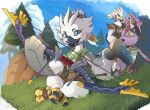  3_toes anthro arijuno avian bird bow_(weapon) embrace feet female grass group hi_res hug looking_at_viewer male nintendo plant ranged_weapon rito saki_(tloz) sitting tears_of_the_kingdom teba_(tloz) teenager the_legend_of_zelda toes trio tulin_(tloz) weapon winged_arms wings young 