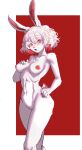  5_fingers absurd_res anthro breasts female fingers fur genitals hair hi_res highlights_(coloring) ima_(imabunbun) lagomorph leporid mammal navel nipples nude open_mouth pink_nipples pussy rabbit red_eyes rolling_beast scut_tail short_hair short_tail simple_background small_breasts solo tail white_body white_fur white_hair 