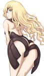  1girl ass back between_legs blonde_hair breasts cameltoe cowboy_shot eyepatch from_behind green_eyes hand_between_legs jinrai_(owl12) leaning_forward light_frown long_hair looking_at_viewer looking_back othinus revealing_clothes small_breasts solo thighs toaru_majutsu_no_index wavy_hair white_background 