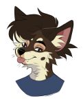  ambiguous_gender anthro blep blue_clothing blue_topwear brown_body brown_ears brown_eyes brown_fur brown_hair bust_portrait cheek_tuft clothed clothing facial_tuft fangs front_view fur hair hi_res inner_ear_fluff mouth_closed narrowed_eyes neck_tuft orange_body orange_fur portrait princelykaden red_inner_ear red_tongue simple_background solo teeth tongue tongue_out topwear tuft white_background yellow_body yellow_fur yellow_inner_ear_fluff 