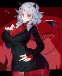  1girl black_jacket black_skirt breasts demon demon_girl demon_horns demon_tail hand_on_own_chest heart heart-shaped_pupils helltaker highres horns jacket large_breasts looking_at_viewer modeus_(helltaker) pantyhose red_eyes red_pantyhose red_sweater skirt sweater symbol-shaped_pupils tail togetoge white_hair wide_hips 