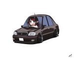  1girl :d black_hair blue_eyes blush car chibi commentary_request demon_girl demon_horns driving full_body highres horns long_hair looking_afar medium_bangs motor_vehicle multicolored_hair nanashi_inc. open_mouth pointy_ears red_hair ryugasaki_rene shirt signature simple_background smile solo two-tone_hair virtual_youtuber white_background white_shirt zono_(inokura_syuzo029) 