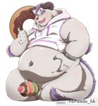  96panda anthro balls behemoth_(housamo) belly blush bottomless clothed clothing dessert doughnut erection food foreskin frosting fur genitals hi_res hoodie lifewonders male monster overweight penis solo sprinkles tokyo_afterschool_summoners topwear white_body white_fur 