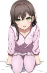  1girl absurdres arms_at_sides bang_dream! bed_sheet blurry blush breasts brown_hair cleavage collarbone commentary_request depth_of_field green_eyes hair_behind_ear hair_between_eyes hanazono_tae highres knees_out_of_frame long_hair long_sleeves looking_at_viewer noshimurin pajamas pants parted_lips pink_pajamas pink_pants pink_shirt seiza shirt simple_background single_sidelock sitting small_breasts smile solo thigh_gap white_background 