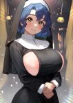  1girl black_dress blue_hair blush breasts c_(theta) closed_mouth commentary_request dress highres idolmaster idolmaster_million_live! inverted_nipples large_breasts long_hair long_sleeves nun short_hair signature smile solo toyokawa_fuka yellow_eyes 