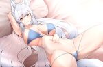  1girl absurdres animal_ear_fluff animal_ears armpits azur_lane bare_shoulders blue_eyes blush breasts cleavage collarbone fox_ears fox_girl fox_tail highres large_breasts long_hair looking_at_viewer lying on_back one_eye_closed samip shinano_(azur_lane) solo tail thighs underwear very_long_hair white_hair 