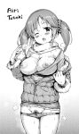  1girl breasts breasts_out character_name coat female_pubic_hair greyscale hamao highres idolmaster idolmaster_cinderella_girls large_breasts long_sleeves looking_at_viewer monochrome nipples one_eye_closed open_mouth panties panty_pull pubic_hair scarf solo sweat totoki_airi twintails underwear 