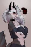  anthro blush breasts canid canid_demon canine canis clothed clothing demon female fur hellhound helluva_boss hi_res loona_(helluva_boss) mammal multicolored_body multicolored_fur open_mouth simple_background sincastermon solo two_tone_body two_tone_fur white_body white_fur wolf 