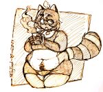  anthro body_hair bottomwear canid canine clothing female happy_trail hi_res mammal markings mug navel niftytoast overweight overweight_female raccoon_dog shorts solo striped_markings striped_tail stripes tail tail_markings tanuki thick_thighs 