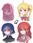  4girls absurdres asymmetrical_sidelocks black_shirt blonde_hair blue_eyes blue_hair blush bocchi_the_rock! bow bowtie brown_eyes brown_shirt cable_tie closed_mouth collared_shirt commentary cropped_shoulders dot_nose ear_piercing expressionless gloom_(expression) gotou_hitori green_eyes hair_ornament hair_over_eyes hairclip highres ijichi_nijika jacket kita_ikuyo long_hair looking_at_viewer medium_hair multiple_girls nenehotoso one_side_up piercing pink_hair pink_jacket pink_track_suit red_bow red_bowtie red_hair sailor_collar school_uniform shaded_face shirt short_hair shuka_high_school_uniform side_ponytail sidelocks simple_background smile symbol-only_commentary upper_body v-shaped_eyebrows white_background white_sailor_collar white_shirt yamada_ryou 