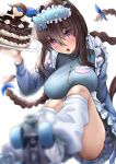  1girl absurdres admire_vega_(umamusume) animal_ears blue_sweater blurry blurry_background blurry_foreground braid breasts brown_hair cake commentary_request ear_covers food frilled_jacket frills highres holding holding_tray horse_ears horse_girl jacket jersey_maid large_breasts long_hair long_sleeves loose_socks maid on_ground po_musubi purple_eyes roller_skates simple_background single_ear_cover skates socks solo sweater tray twin_braids umamusume unconventional_maid very_long_hair white_background white_socks 