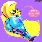  absurd_res anonymous_artist anthro blush canid canine clothing dialogue eyeshadow eyewear eyewear_on_head fennec fox goggles goggles_on_head hi_res makeup male male/male mammal metroid nintendo paladins pip_(paladins) rubber rubber_clothing solo speech_bubble spreading zero_suit 