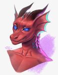  2022 absurd_res anthro blue_eyes blue_pupils bust_portrait dated ear_frill frill_(anatomy) hi_res horn male marie_merkh mouth_closed portrait pupils red_body red_frill red_horn red_scales ridged_horn scales scalie signature simple_background solo species_request 