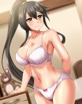  1girl absurdres bed black_hair bra breasts brown_eyes cleavage commission covered_navel cowboy_shot drawer dutch_angle hair_ornament hairclip haruna_(kancolle) highres kantai_collection large_breasts long_hair panties pixiv_commission smile solo standing stuffed_animal stuffed_toy teddy_bear underwear underwear_only wet white_bra white_panties zanntetu 