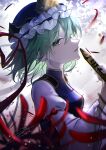  1girl absurdres blue_headwear blue_vest flower frilled_hat frilled_sleeves frills green_eyes green_hair hair_between_eyes hat highres long_sleeves open_mouth red_flower rod_of_remorse rokuya_(68_zusao) shiki_eiki shirt signature solo spider_lily touhou upper_body vest white_shirt 