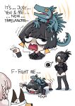  3girls 621_(armored_core_6) allmind_(armored_core_6) animal armored_core armored_core_6 ayre_(armored_core_6) bandages black_hair bodysuit boots braid commentary dog earrings english_text facepalm g5_iguazu_(armored_core_6) grey_hair highres iguana jewelry kate_markson multiple_girls office_lady phsueh short_hair speech_bubble spoilers sweatdrop thigh_boots 