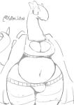  2022 anthro avian beak belly big_belly breasts bulge cleavage cleavage_cutout clothed clothing crop_top generation_2_pokemon greyscale gynomorph hi_res intersex legendary_pokemon lugia midriff monochrome navel nintendo overweight overweight_gynomorph overweight_intersex pokemon pokemon_(species) shirt signature simple_background sketch sleeveless_shirt sofmallow solo spiked_tail spikes spikes_(anatomy) sweatpants tail topwear white_background wide_hips winged_arms wings 