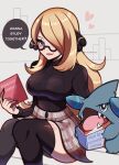  1girl absurdres blonde_hair blue_eyes book closed_mouth cynthia_(pokemon) english_commentary english_text gible glasses hair_ornament heart highres holding holding_book long_hair looking_at_viewer pokemon pokemon_(creature) pokemon_(game) pokemon_dppt shirt simple_background smile touyarokii twitter_username 