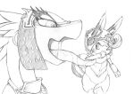  ambiguous_gender anthro armor bodily_fluids breath clothed clothing drauk drooling duo ever_oasis female fur hi_res lagora long_ears long_tongue male male/female miura monochrome nintendo open_mouth saliva saliva_string scalie size_difference sol_(ever_oasis) stench tongue yang_(artist) 