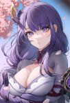  1girl armpit_crease blue_sky blunt_bangs braid braided_ponytail breasts cherry_blossoms cleavage closed_mouth falling_petals flower genshin_impact hair_ornament highres japanese_clothes kimono large_breasts long_hair looking_at_viewer mole mole_under_eye off_shoulder parted_bangs petals purple_eyes purple_flower purple_hair purple_kimono raiden_shogun red_ribbon ribbon shrug_(clothing) sidelocks sky solo upper_body yoonsol 