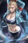  1girl arms_up artist_name blonde_hair breasts cammy_white capri_pants choker cleavage english_text green_eyes hair_between_eyes highres jacket large_breasts looking_at_viewer midriff navel open_clothes open_jacket open_mouth pants realistic scar scar_on_cheek scar_on_face short_hair smile sports_bra street_fighter street_fighter_6 wtparadise 
