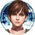  1girl avatar_icon brown_hair choker close-up closed_mouth commentary_request eyelashes green_eyes lips logo looking_at_viewer lowres official_art pink_choker rebecca_chambers resident_evil resident_evil:_death_island short_hair solo transparent_background upper_body 