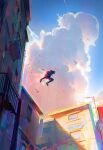  1boy bird building chromatic_aberration cloud cloudy_sky commentary english_commentary evening full_body highres lamppost lightning_bolt_symbol male_focus marvel ross_tran shadow silk sky solo spider-man:_across_the_spider-verse spider-man:_into_the_spider-verse spider-man_(miles_morales) spider-man_(series) spider-verse 