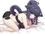  1girl animal_ears arknights ass bare_legs barefoot black_hair black_shorts black_tank_top breasts cat_ears cat_tail commentary crop_top green_eyes highres jessica_(arknights) k0ng large_breasts long_hair looking_at_viewer midriff multicolored_hair open_mouth purple_hair short_shorts shorts solo tail tank_top thighs 