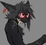  ambiguous_gender anthro bangs black_body black_fur chest_tuft ear_piercing fangs fur grey_hair hair industrial_piercing inner_ear_fluff mammal piercing pink_sclera prick_ears red_eyes round_eyes scar sharp_teeth solo species_request teeth thecore34 toothy_grin tuft 