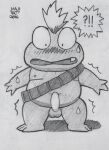  amphibian anthro balls belly blush erection flint_the_time_detective frog genitals male mite_(flint_the_time_detective) narc navel nipples penis slightly_chubby solo surprise traditional_media_(artwork) 