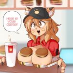  2023 anthro blush breasts burger clothing dialogue english_text fast_food fast_food_employee female food hair hat headgear headwear hi_res long_hair lucyfercomic solo species_request speech_bubble text tray 