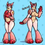  anthro armor blue_eyes blush breasts brown_nose canid canine canis capcom dialogue domestic_dog eyelashes female genitals gesture headgear helmet hi_res iniquity looking_at_viewer machine mammal mega_man_(series) multiple_images navel nipples nude pussy red_body robot rush_(mega_man) sketch_page small_breasts solo standing surprised_expression watermark waving 