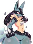  2023 3:4 3_fingers absurd_res ambiguous_gender blue_body blue_fur fingers fur generation_4_pokemon gloves_(marking) half-length_portrait hands_on_hips hi_res lucario markings nintendo nyaswitchnya pokemon pokemon_(species) portrait red_eyes simple_background solo spikes spikes_(anatomy) standing thick_thighs yellow_body yellow_fur 