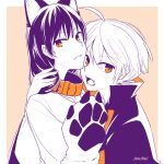  2girls ahoge animal_ears animal_hands artist_name border collar commentary_request fangs halloween hasukeii high_collar highres koito_yuu long_hair looking_at_viewer multiple_girls nanami_touko open_mouth orange_eyes outside_border upper_body white_border wolf_ears yagate_kimi_ni_naru yuri 