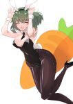  1girl absurdres animal_ears arms_up black_footwear black_leotard black_pantyhose carrot closed_eyes detached_collar green_hair high_heels highres itocoh kazami_yuuka leotard pantyhose rabbit_ears short_hair simple_background solo touhou white_background wrist_cuffs 