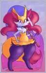  anthro backtrekwatch braixen canid canine female fur generation_6_pokemon hi_res inner_ear_fluff looking_at_viewer mammal nintendo pokemon pokemon_(species) red_eyes smile solo thick_thighs tuft wide_hips yellow_body yellow_fur 