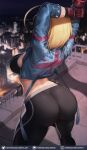  1girl arched_back armored_gloves arms_up ass black_leggings black_sports_bra blonde_hair blue_jacket cammy_stretch_(meme) cammy_white city_lights cityscape cropped_jacket english_commentary from_behind gumroad_username highres jacket leggings luminyu meme night on_roof pants patreon_username print_jacket short_hair signature solo sports_bra street_fighter street_fighter_6 stretching tight tight_pants twitter_username union_jack union_jack_print web_address 