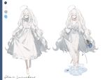  1girl absurdres asphyxia17 barefoot collarbone dress flower hair_between_eyes highres holding holding_flower lifted_by_self long_hair looking_at_viewer original puffy_sleeves signature simple_background skirt_hold smile standing very_long_hair white_background white_dress white_hair 