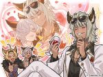  &gt;_&lt; 1girl 3boys :3 :d ahoge alcohol artist_request backless_outfit blonde_hair bracelet cup double_thumbs_up dress_shirt drinking_glass elsam_(granblue_fantasy) erune eyewear_on_head flower formal freesia_(granblue_fantasy) granblue_fantasy grey_hair grin hair_intakes hair_over_one_eye hairband jewelry lowain_(granblue_fantasy) multiple_boys necklace official_art pointing ring rose shirt short_hair smile suit sunglasses thumbs_up tomoi_(granblue_fantasy) unbuttoned wine wine_glass xd 