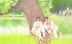  2boys absurdres bara brown_hair couple faceless faceless_male forest formal green_necktie highres husband_and_husband in_tree lake long_sideburns male_focus multiple_boys nature necktie original painterly pants shoes short_hair sideburns sitting sitting_in_tree suit tree vest white_pants white_suit yaoi yuzhou_fei_gou 